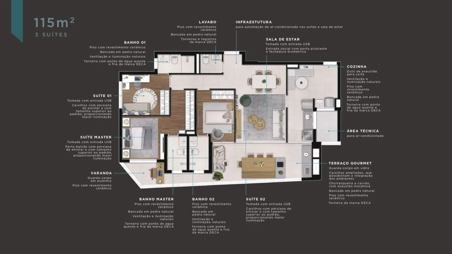 Planta Apartamento 115m2 3suítes Marcco Bela Vista