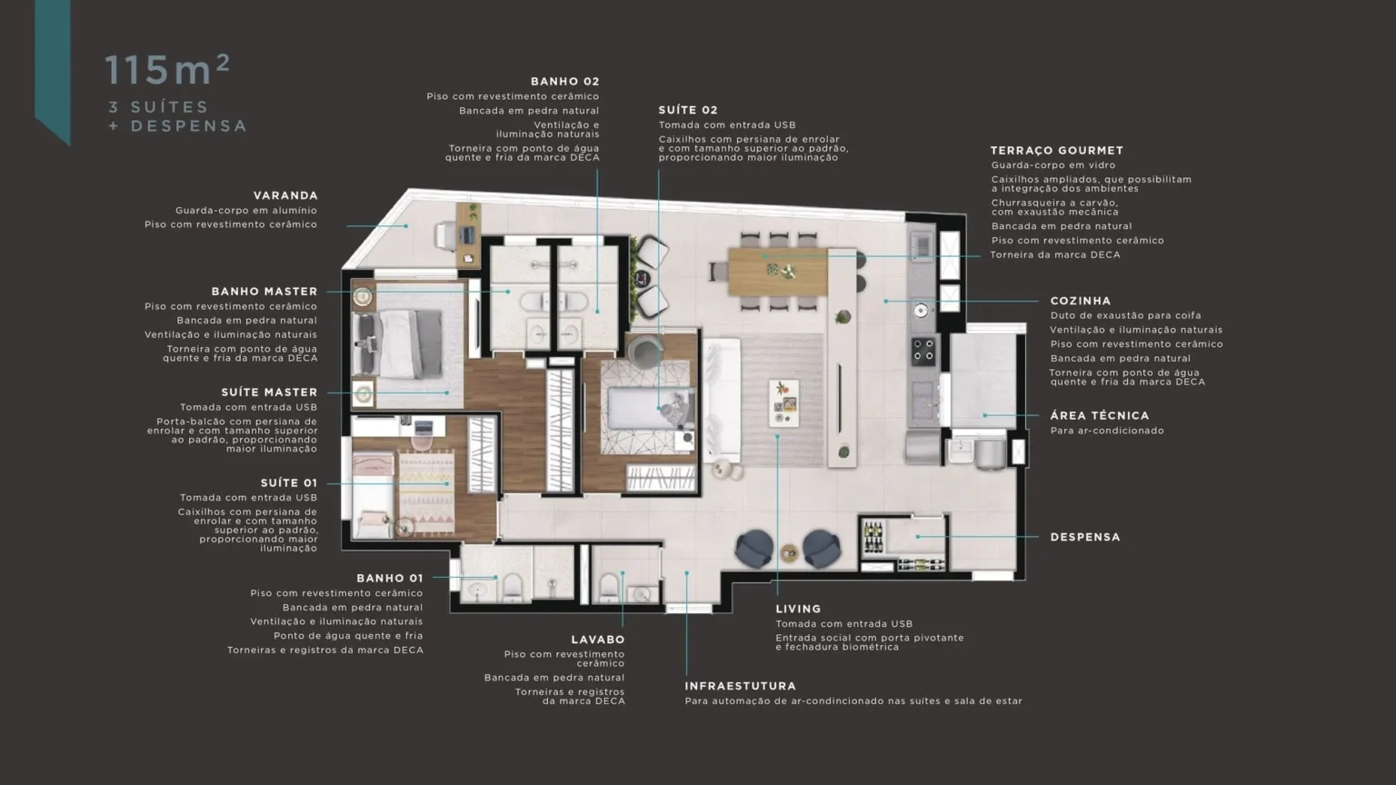 Planta Apartamento 115m2 3suítes Opção Marcco Bela Vista