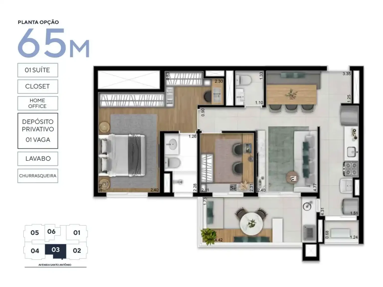 Planta Apartamento 65m² 1 Suíte Opção Trend Osasco Osasco