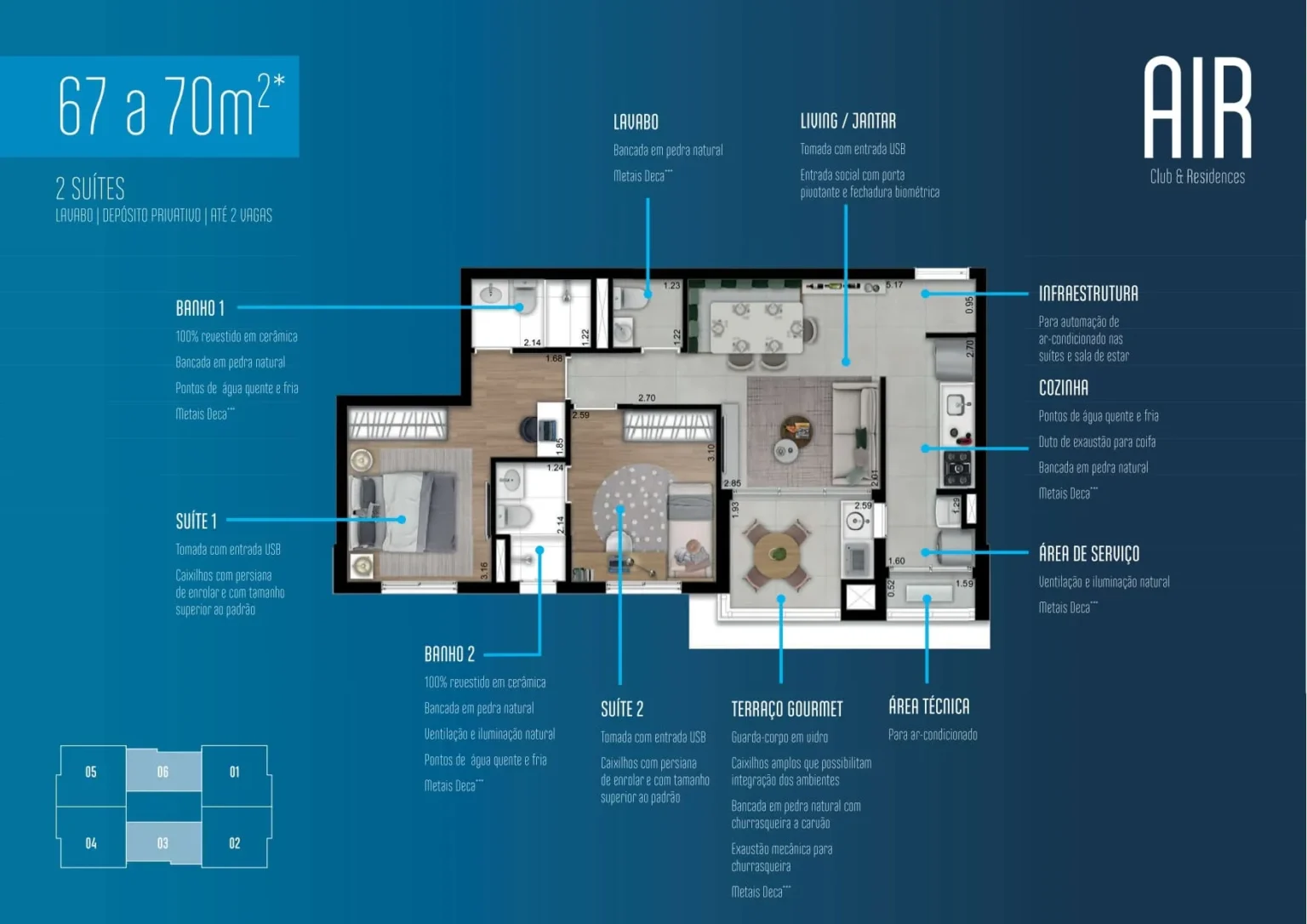 Planta Apartamento 67m2 e 70m2 Air Club e Residences Osasco