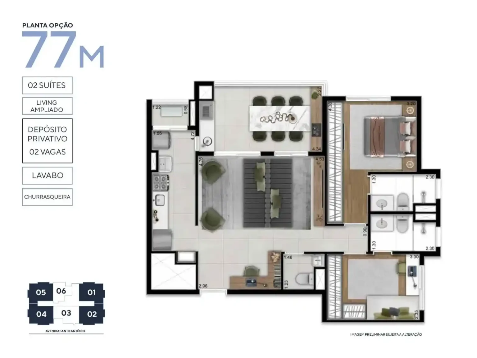 Planta Apartamento 77m² 2 Suítes Living Ampliado Trend Osasco Osasco