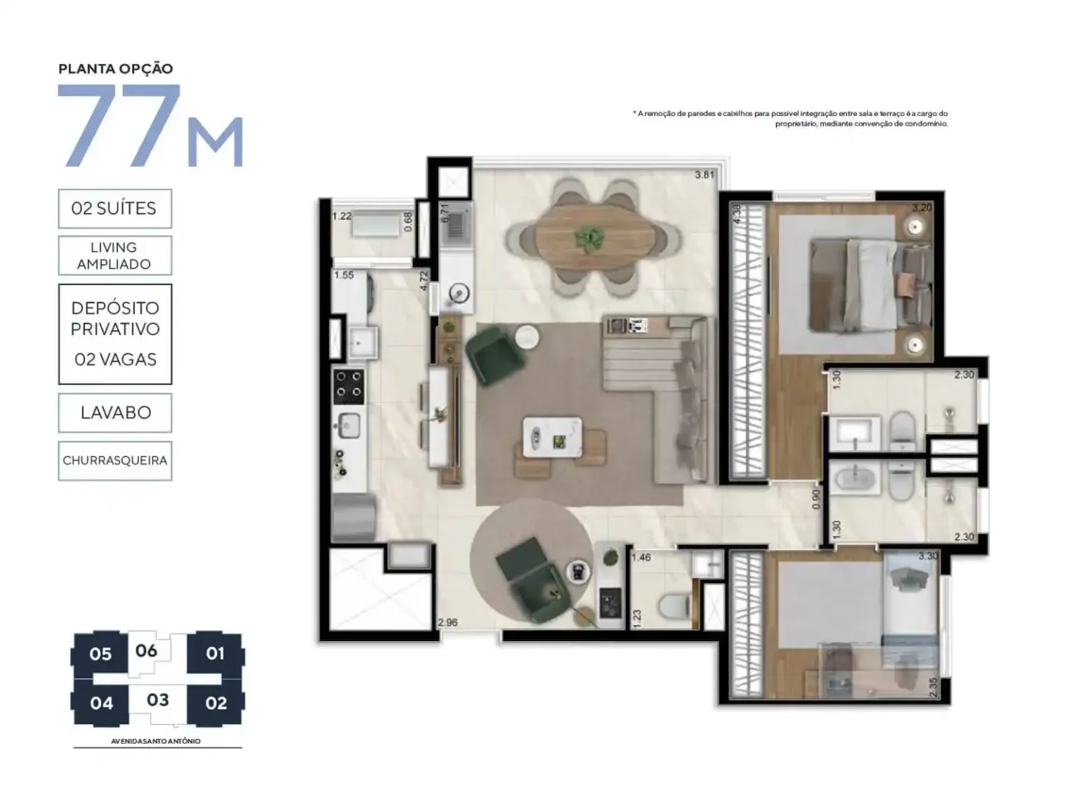 Planta Apartamento 77m² 2 Suítes Opção Living Ampliado Trend Osasco Osasco