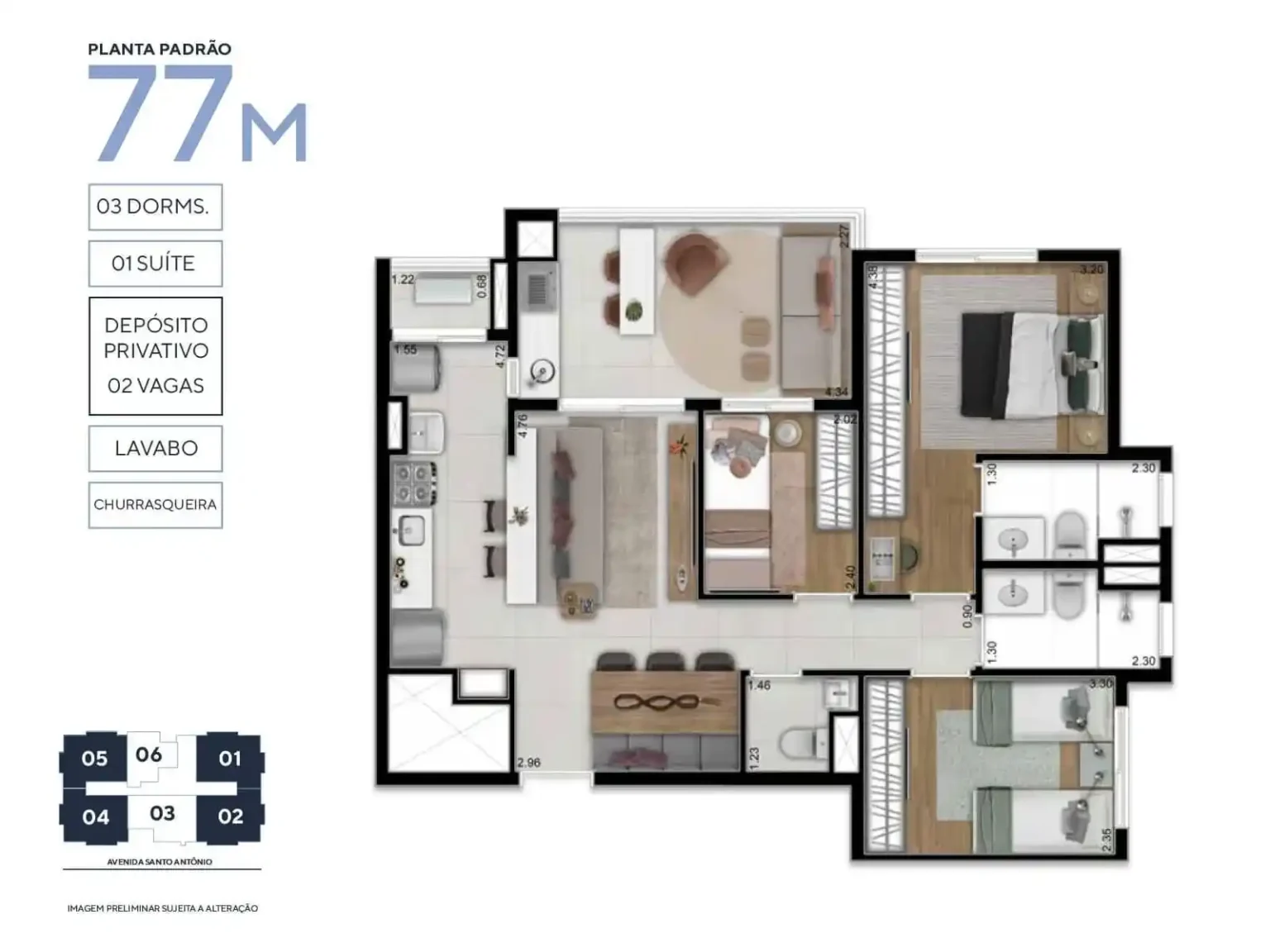 Planta Apartamento 77m² 3 Dorms Trend Osasco Osasco