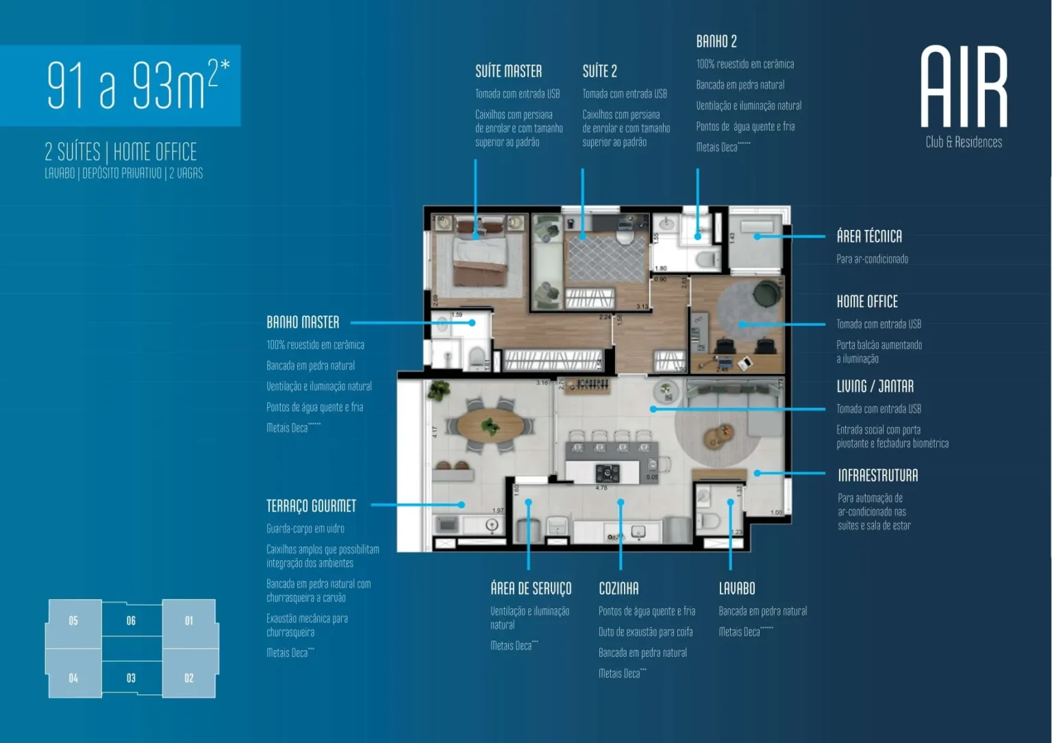 Planta Apartamento 91m2 e 93m2 Air Club e Residences Osasco