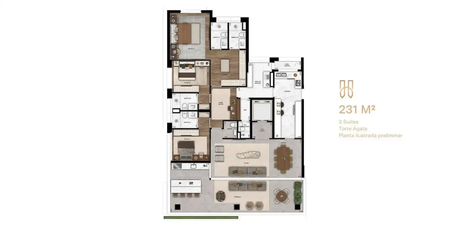 Planta do Apartamento de 231m2 3 Suítes Hóriz Ibirapuera