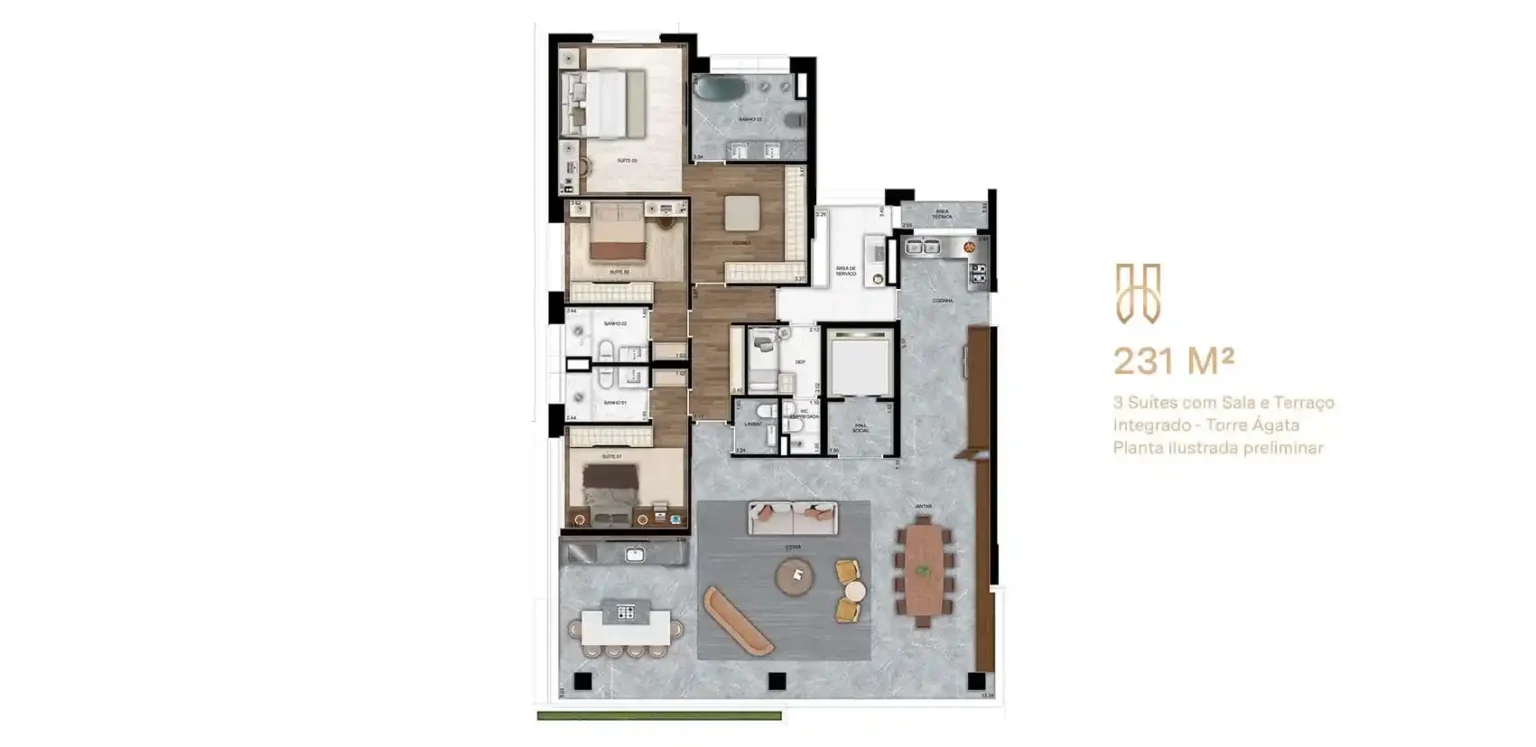 Planta do Apartamento de 231m2 3 Suítes Opção Hóriz Ibirapuera