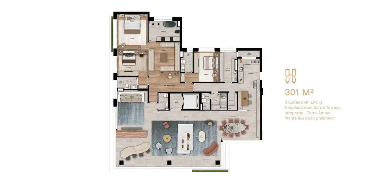 Planta do Apartamento de 301m2 3 Suítes Hóriz Ibirapuera