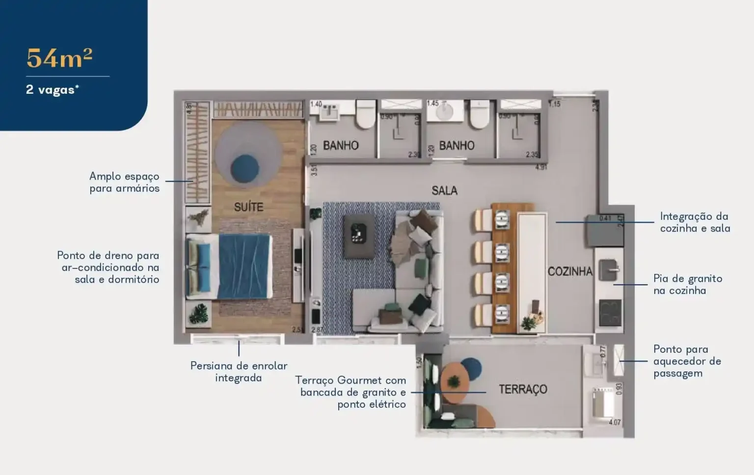 Planta Apartamento 54m2 1suíte Acqua Park Barueri