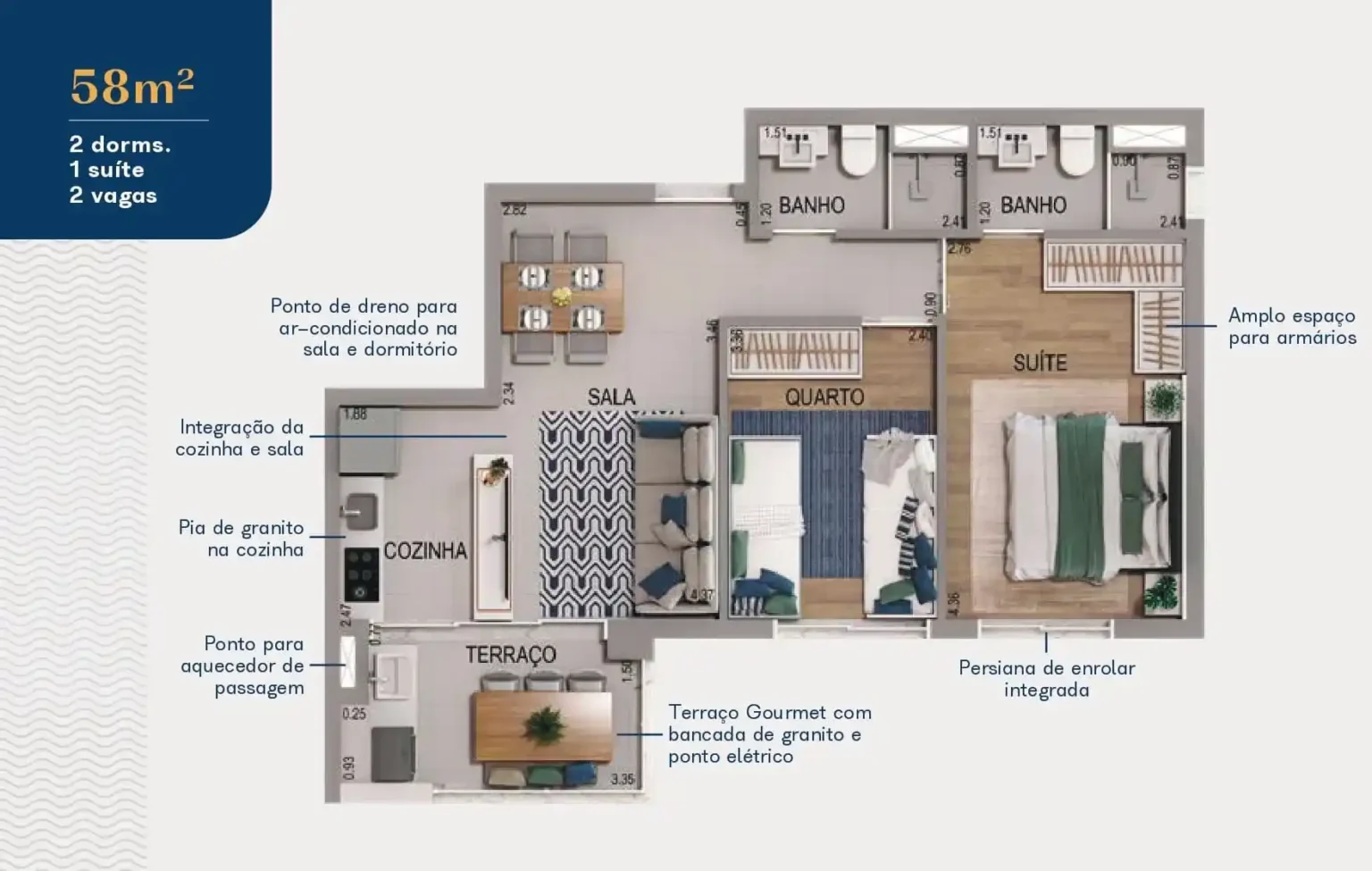 Planta Apartamento 58m2 2dorms Acqua Park Barueri