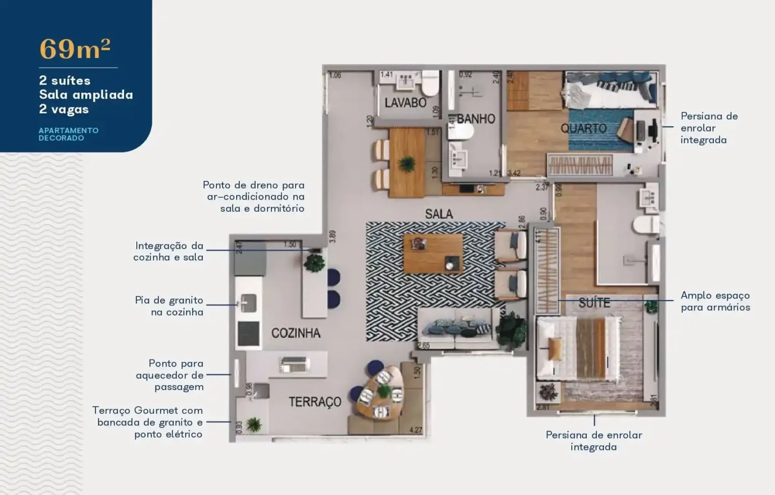 Planta Apartamento 69m2 2suítes Acqua Park Barueri