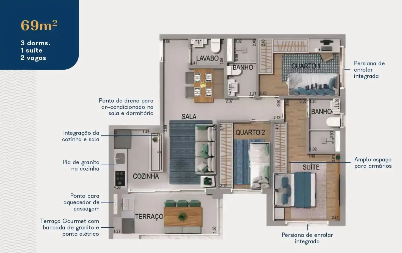 Planta Apartamento 69m2 3dorms Acqua Park Barueri