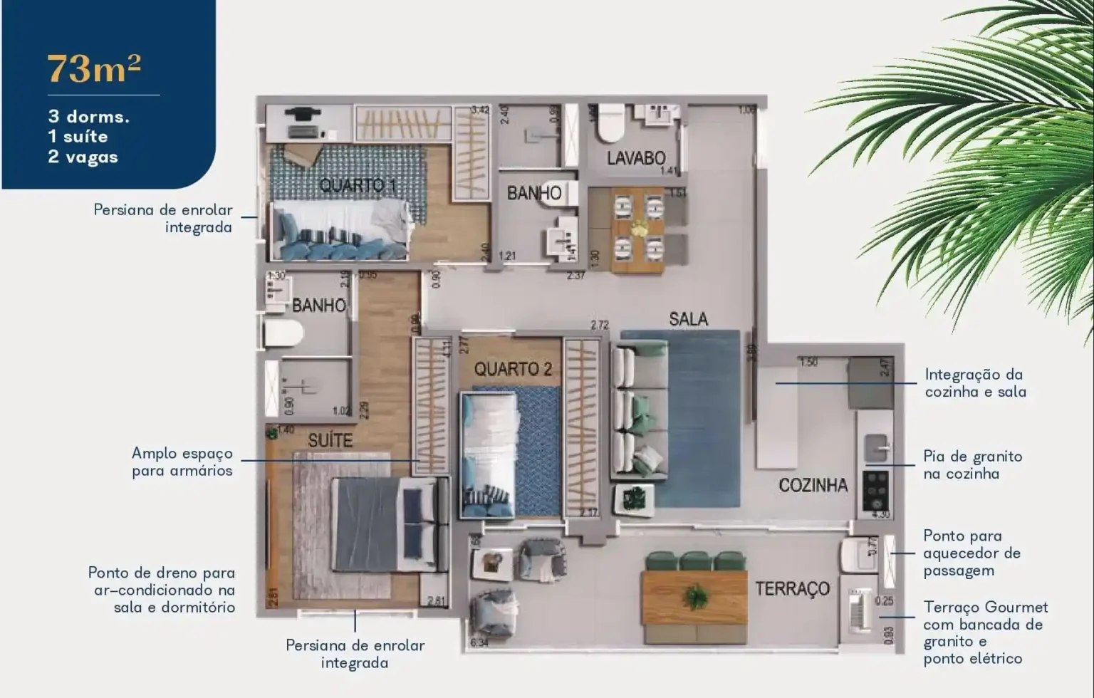 Planta Apartamento 73m2 3dorms Acqua Park Barueri