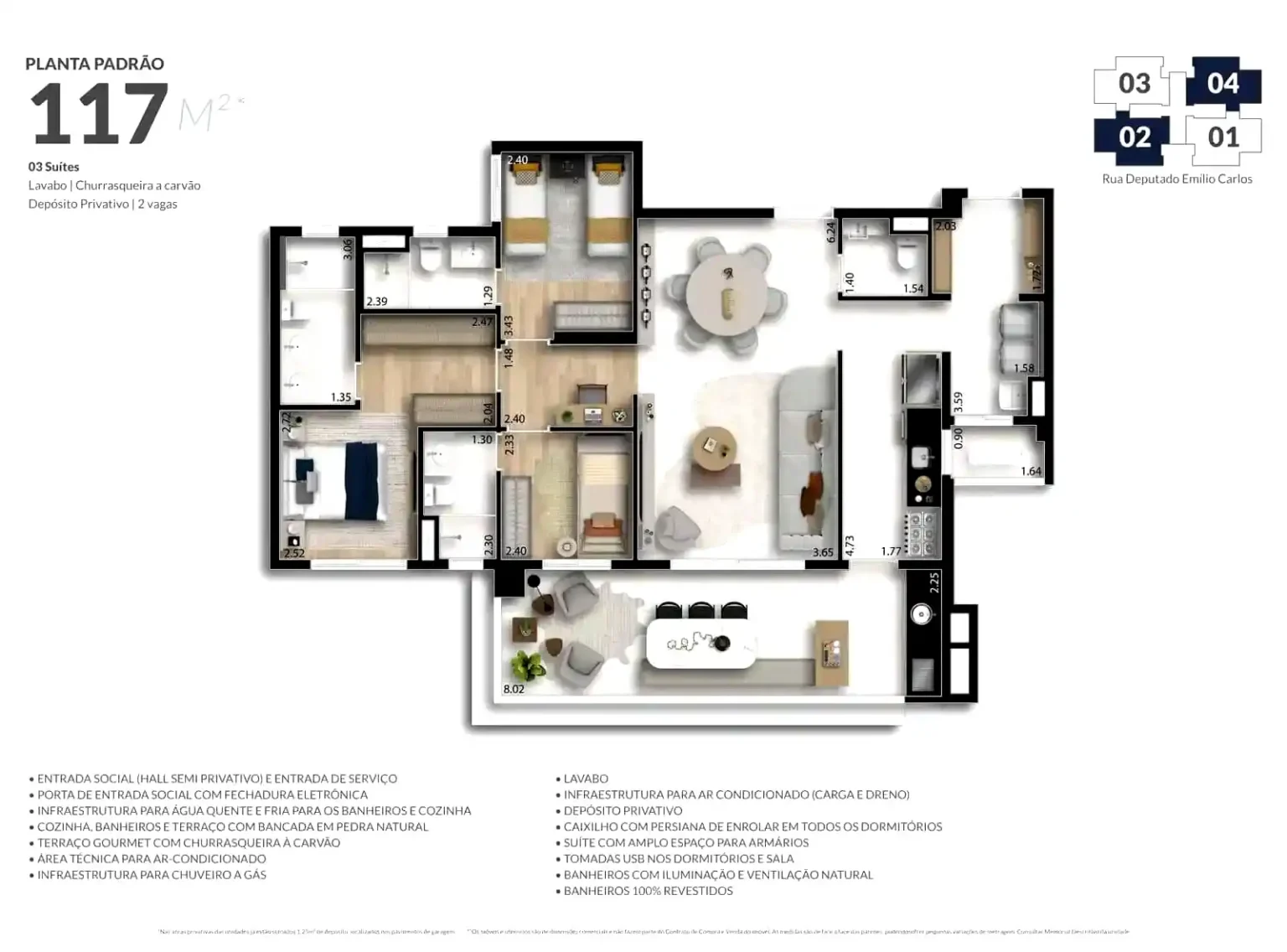 Planta Apartamento 117m2 3 Suítes Essence Vila Yara Osasco