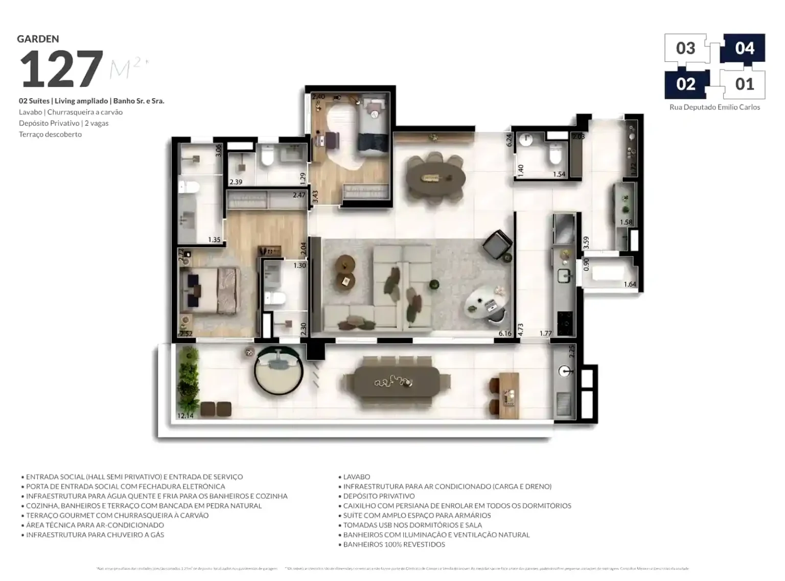 Planta Apartamento Garden 127m2 2 Suítes Essence Vila Yara Osasco